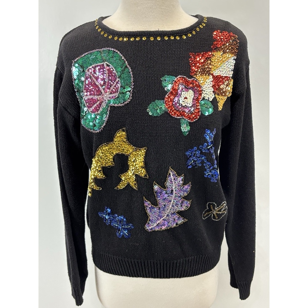 Vtg Work In Progress Sequined Sweater Sz Medium Women's Black Leaves Ramie Blend